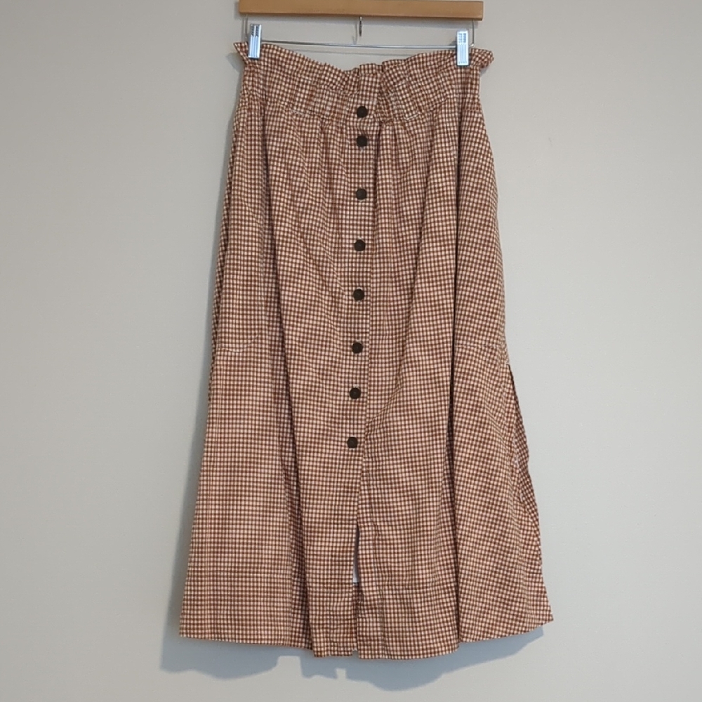 Everlane Brown & White Gingham Maxi Skirt Medium EUC